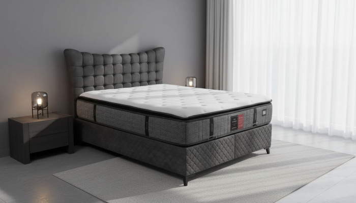 Cama Boxspring de lujo con cama doble incluida. Colchón con patrón Caro en gris.