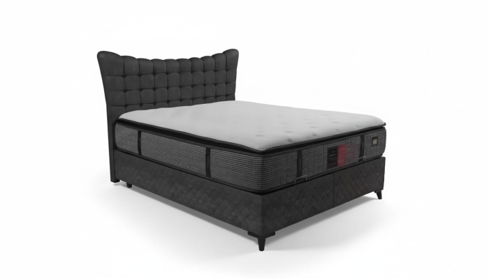 Cama Boxspring de lujo con cama doble incluida. Colchón con patrón Caro en gris.