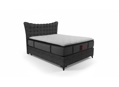 Cama Boxspring de lujo con cama doble incluida. Colchón con patrón Caro en gris.