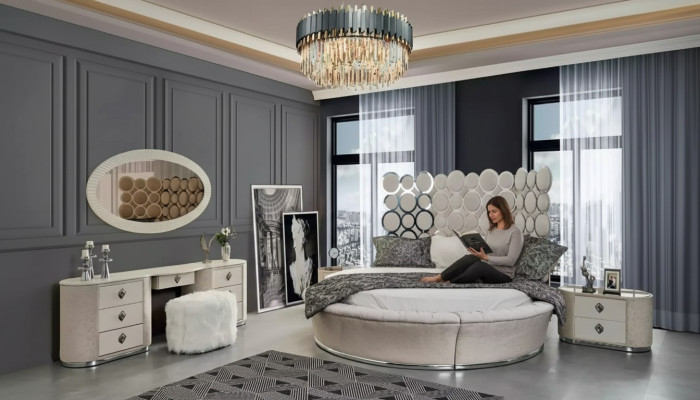 Conjunto de dormitorio cama moderna + 2 mesitas de noche + tocador + espejo nuevo