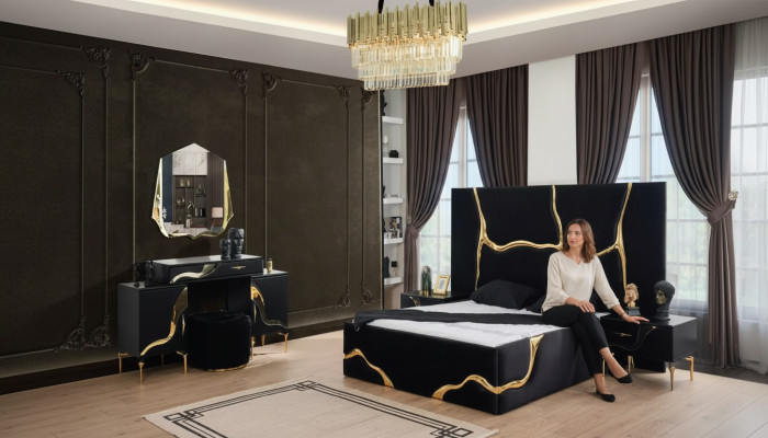 Lujo conjunto de dormitorio cama con patrón de golpes dorados camas 200x200.