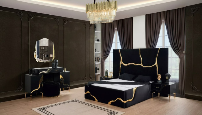 Lujo conjunto de dormitorio cama con patrón de golpes dorados camas 200x200.