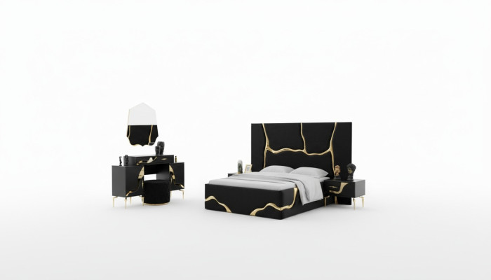 Lujo conjunto de dormitorio cama con patrón de golpes dorados camas 200x200.