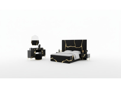 Lujo conjunto de dormitorio cama con patrón de golpes dorados camas 200x200.