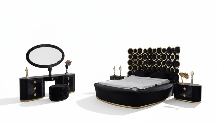 Juego completo de dormitorio Cama de lujo 2 mesitas de noche Tocador Espejo 5 piezas