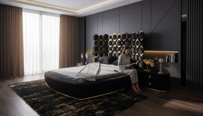 Cama de diseño, cama de lujo de tela, cama doble de 200x200 cm, marco de cama