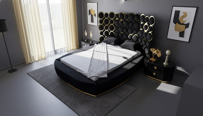 Cama de diseño, cama de lujo de tela, cama doble de 200x200 cm, marco de cama