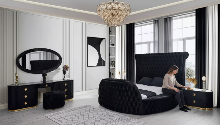 Dormitorio conjunto negro Cama 2 mesitas de noche tocador Chesterfield 5 piezas