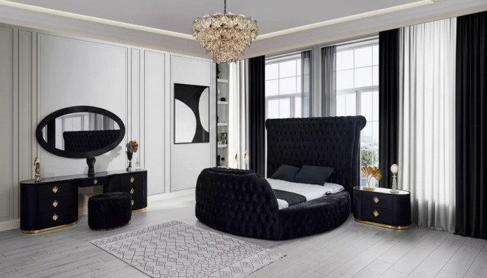Dormitorio conjunto negro Cama 2 mesitas de noche tocador Chesterfield 5 piezas