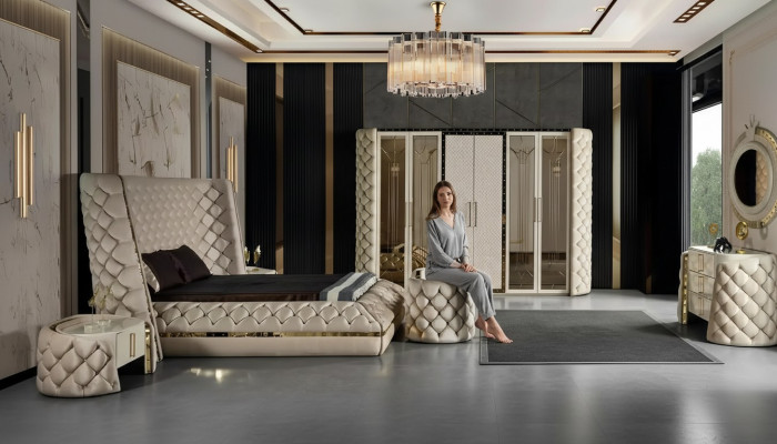 Set de dormitorio Chesterfield diseño de muebles cama armario espejo de 7 piezas.