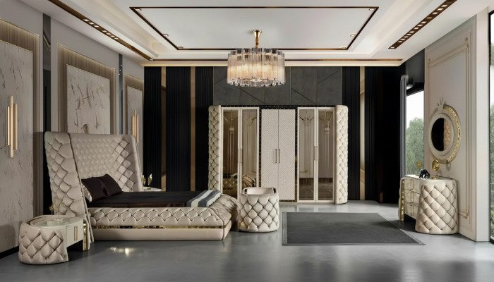 Set de dormitorio Chesterfield diseño de muebles cama armario espejo de 7 piezas.