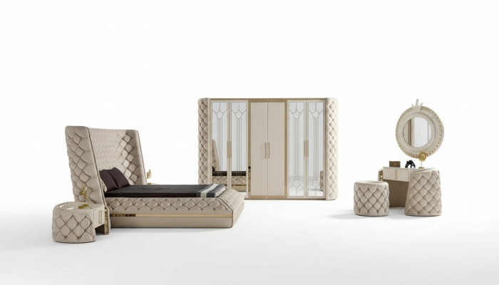 Set de dormitorio Chesterfield diseño de muebles cama armario espejo de 7 piezas.