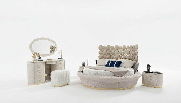 Conjunto de dormitorio moderno: cama + 2 mesitas de noche + tocador + espejo, 5 piezas.