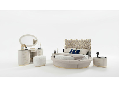 Conjunto de dormitorio moderno: cama + 2 mesitas de noche + tocador + espejo, 5 piezas.