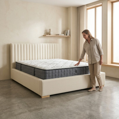 Cama beige cama doble de madera moderna cama elegante tapizada en tela dormitorio nuevo.