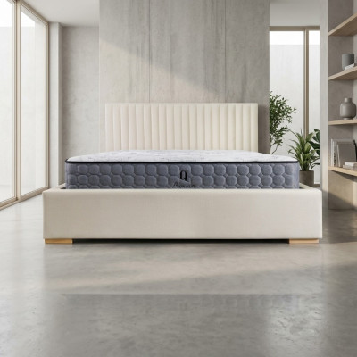 Cama beige cama doble de madera moderna cama elegante tapizada en tela dormitorio nuevo.