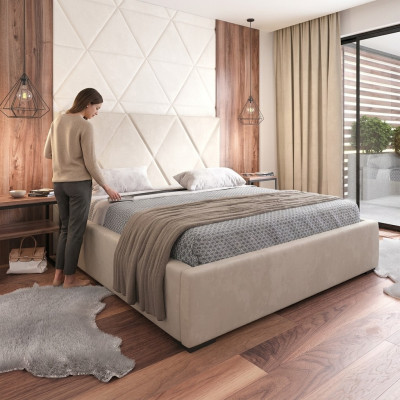 Cama beige Cama doble Estilo elegante Cama tapizada Tela Dormitorio Moderno Nuevo.
