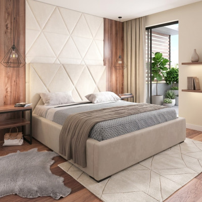 Cama beige Cama doble Estilo elegante Cama tapizada Tela Dormitorio Moderno Nuevo.