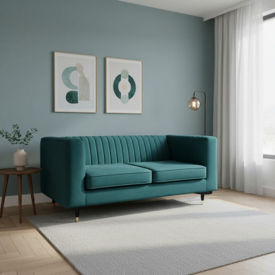 Sofá de 2 plazas verde elegante de diseño moderno de lujo con estructura de madera y tapizado de tela nuevo.