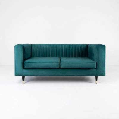 Sofá de 2 plazas verde elegante de diseño moderno de lujo con estructura de madera y tapizado de tela nuevo.