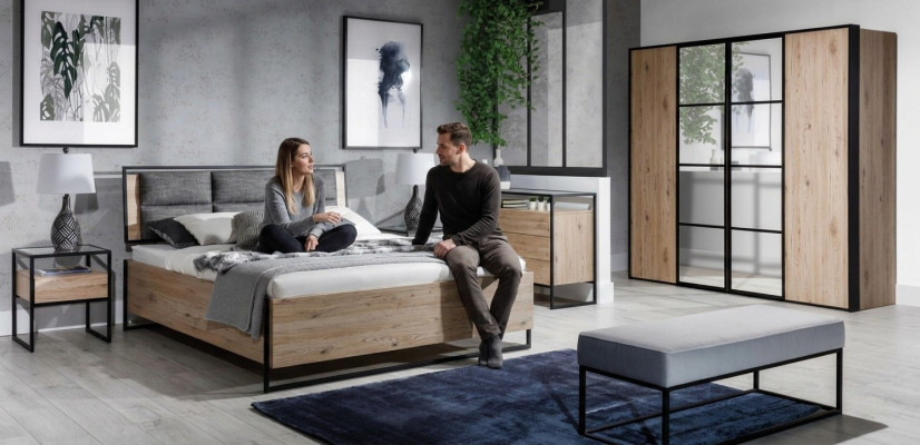 Set de dormitorio beige con cama, 2 mesitas de noche, cómoda y armario nuevo de 5 piezas.