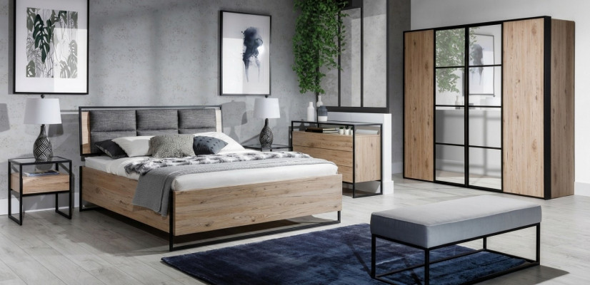 Set de dormitorio beige con cama, 2 mesitas de noche, cómoda y armario nuevo de 5 piezas.