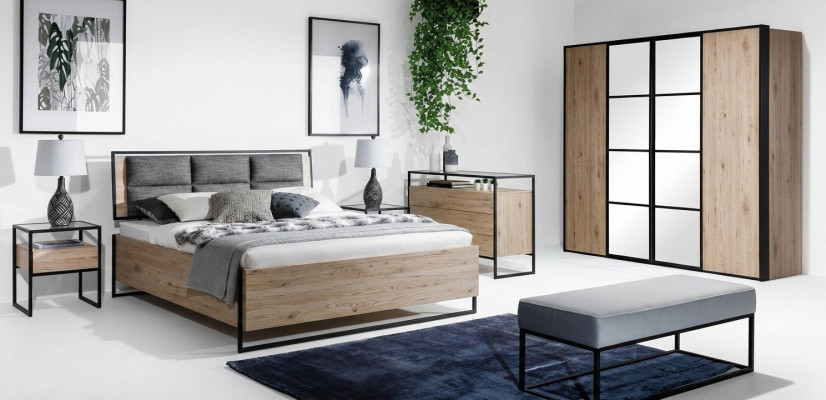 Set de dormitorio beige con cama, 2 mesitas de noche, cómoda y armario nuevo de 5 piezas.