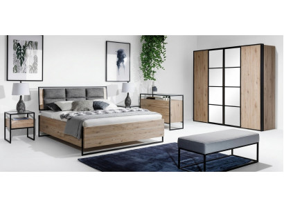 Set de dormitorio beige con cama, 2 mesitas de noche, cómoda y armario nuevo de 5 piezas.