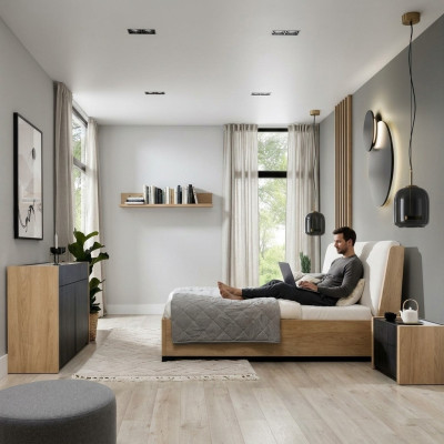 Juego de dormitorio beige con cama, 2 mesitas de noche, cómoda y armario moderno de 5 piezas.