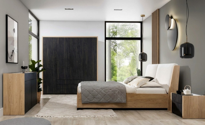 Juego de dormitorio beige con cama, 2 mesitas de noche, cómoda y armario moderno de 5 piezas.
