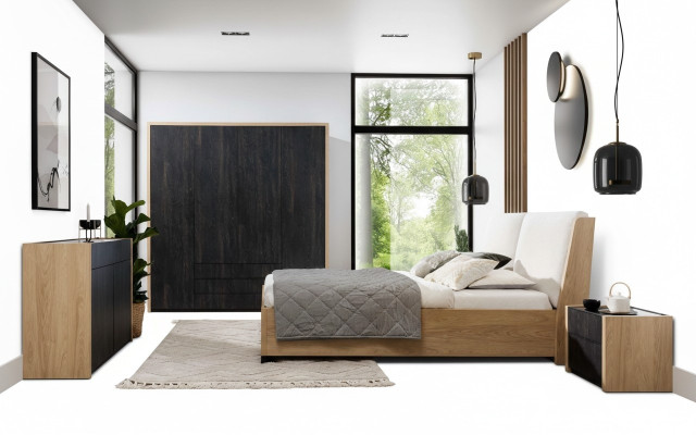 Juego de dormitorio beige con cama, 2 mesitas de noche, cómoda y armario moderno de 5 piezas.