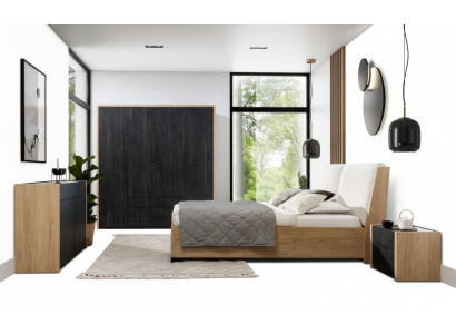 Juego de dormitorio beige con cama, 2 mesitas de noche, cómoda y armario moderno de 5 piezas.