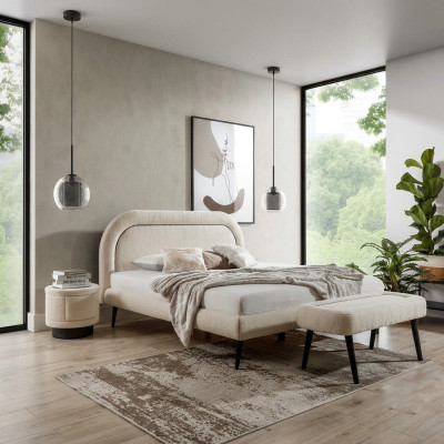 Conjunto de dormitorio blanco Cama Elegante 2 mesitas de noche Lujo Taburete Moderno.