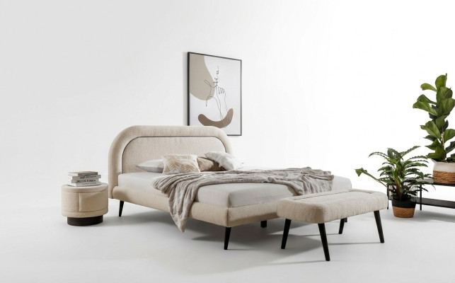 Conjunto de dormitorio blanco Cama Elegante 2 mesitas de noche Lujo Taburete Moderno.