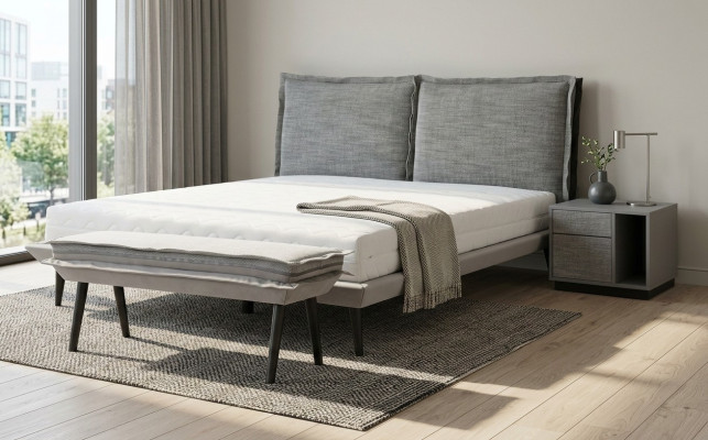 Dormitorio Set Gris Cama Elegante 2x Mesitas de Noche Lujo Taburete Moderno 4 piezas.