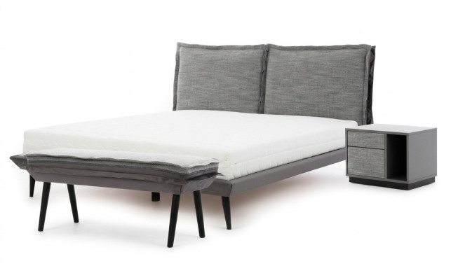 Dormitorio Set Gris Cama Elegante 2x Mesitas de Noche Lujo Taburete Moderno 4 piezas.