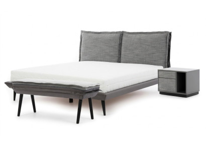 Dormitorio Set Gris Cama Elegante 2x Mesitas de Noche Lujo Taburete Moderno 4 piezas.