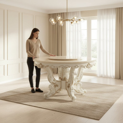 Mesa de comedor blanca redonda de madera de lujo clásica elegante diseño.