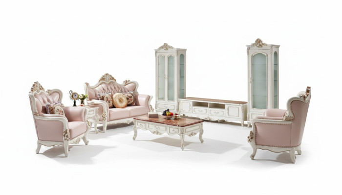 Vitrina blanca de lujo para salón de madera y vidrio con diseño elegante y clásico.