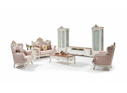 Vitrina blanca de lujo para salón de madera y vidrio con diseño elegante y clásico.