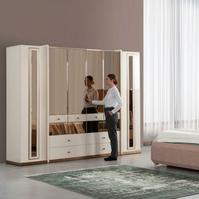 Armario de seis puertas en color beige, mueble de madera para armario.
