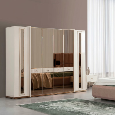 Armario de seis puertas en color beige, mueble de madera para armario.