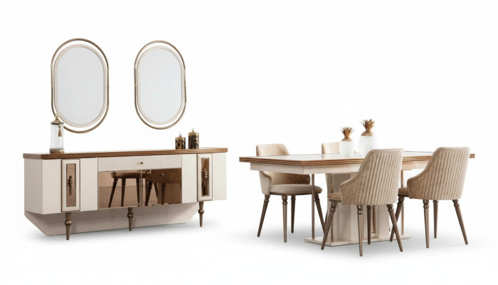 Juego de comedor de lujo - Cómoda, aparador, mesa, set de 4 sillas - 8 piezas.