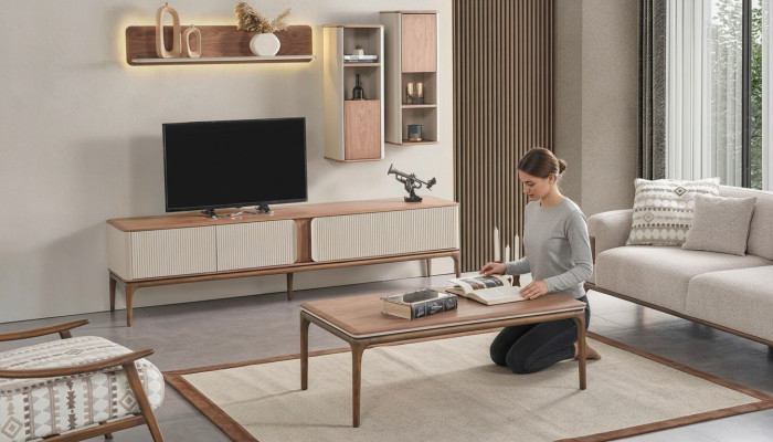 Mueble de televisión, bajo aparador, armario, mesa de centro, salón moderno beige de madera