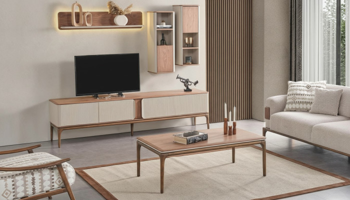 Mueble de televisión, bajo aparador, armario, mesa de centro, salón moderno beige de madera