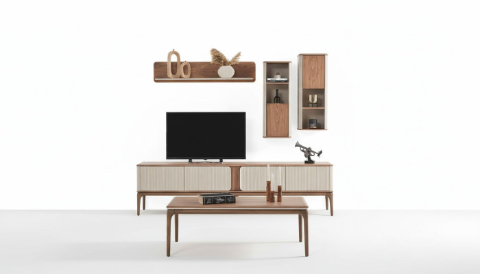 Mueble de televisión, bajo aparador, armario, mesa de centro, salón moderno beige de madera