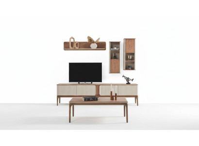 Mueble de televisión, bajo aparador, armario, mesa de centro, salón moderno beige de madera