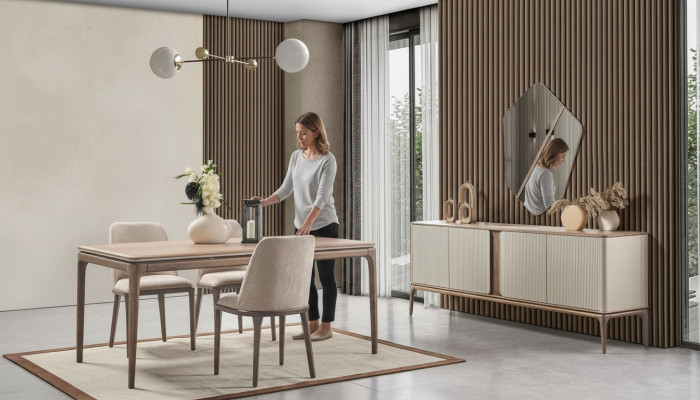 Grupo de comedor Mesa de comedor 4 sillas Aparador Espejo Moderno 7 piezas Madera Beige