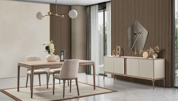Grupo de comedor Mesa de comedor 4 sillas Aparador Espejo Moderno 7 piezas Madera Beige