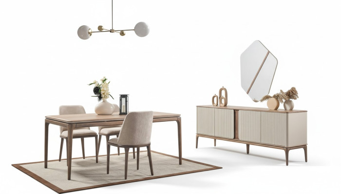 Grupo de comedor Mesa de comedor 4 sillas Aparador Espejo Moderno 7 piezas Madera Beige
